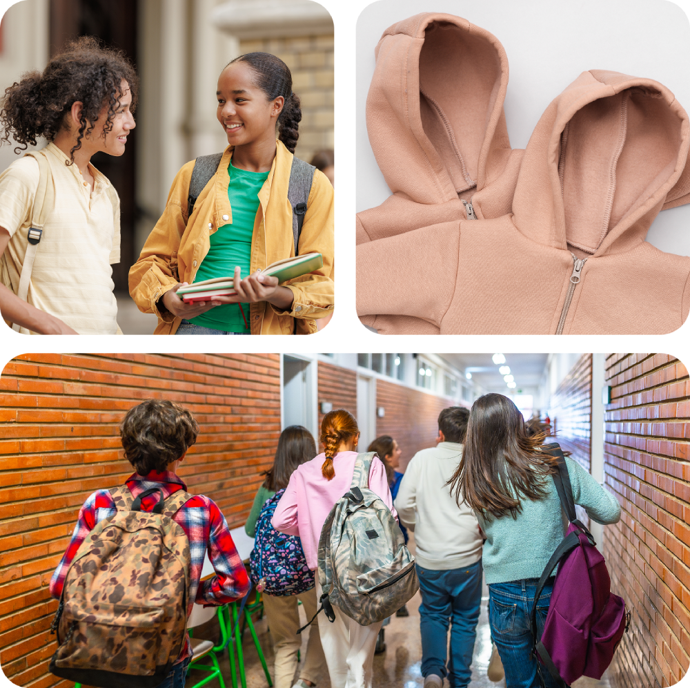 Students with backpacks and two hooded sweatshirts.