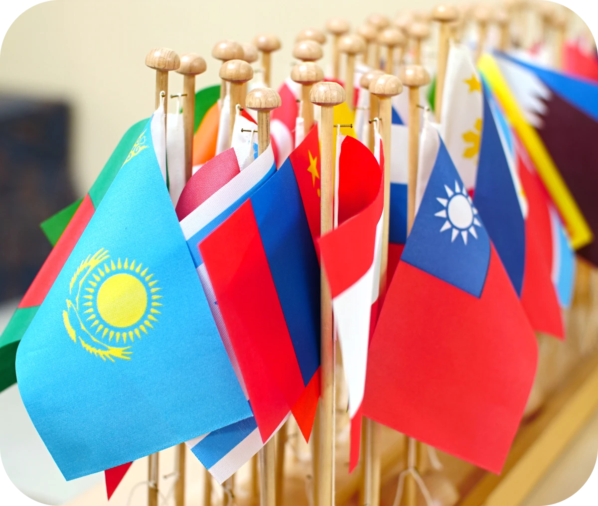 Miniature international flags on wooden sticks.