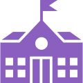 Purple school building icon with flag.