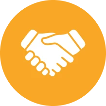 Handshake icon on orange circular background.