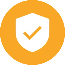 Shield with check mark on orange background.